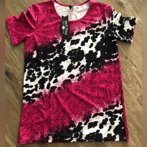 Crazy train cow print/tooled leather pink shirt